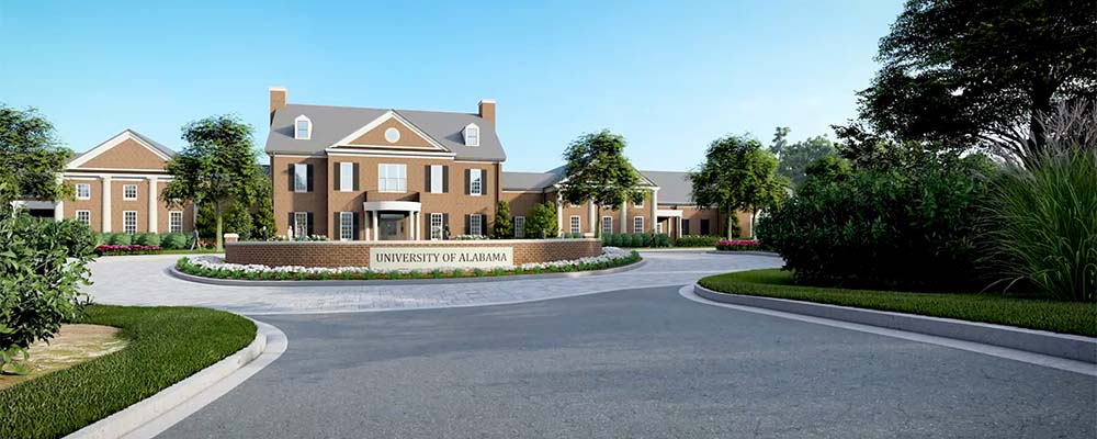 Rendering of the front exterior of the Golf Practice Facility viewed from a distance