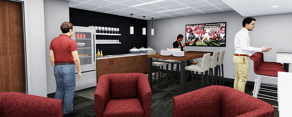 Rendering of a skybox showing the kitchenette and small seating area