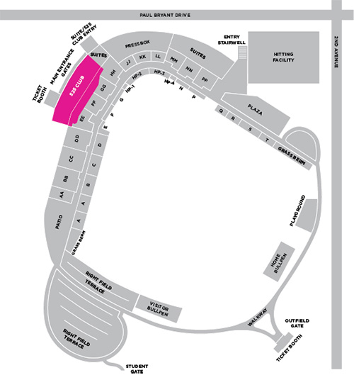 Seat map of Sewell-Thomas Stadium with .525 Club section highlighted in pink