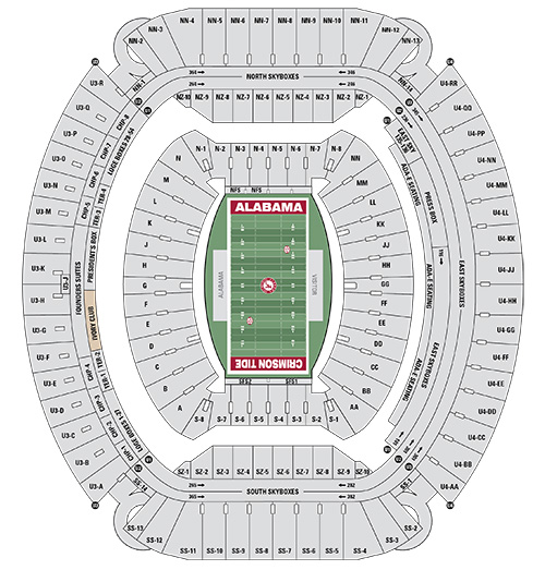 Seat map of Bryant-Denny Stadium with Ivory Club sections highlighted in tan and labeled Ivory Club