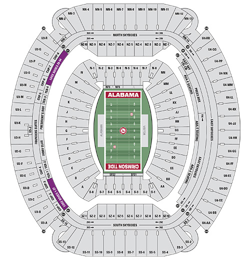 Seat map of Bryant-Denny Stadium with Loge Boxes highlighted in purple and labeled Loge Boxes