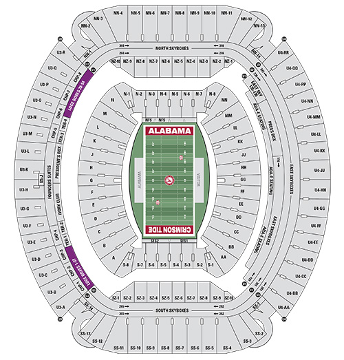 Seat map of Saban Field at Bryant-Denny Stadium with Loge Boxes highlighted in purple and labeled Loge Boxes