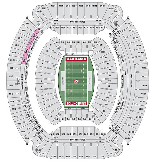 Seat map of Bryant-Denny Stadium with North Champions Club sections highlighted in pink with the prefix CHP