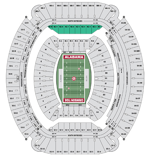 Seat map of Bryant-Denny Stadium with North Zone section highlighted in green with the prefix NZ