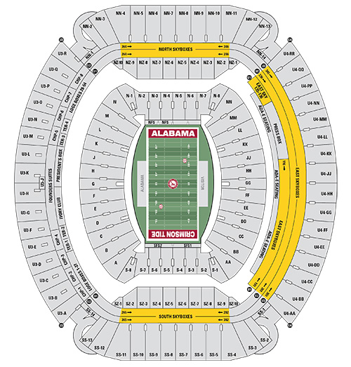 Seat map of Bryant-Denny Stadium with Skyboxes highlighted in yellow and labeled as Skyboxes