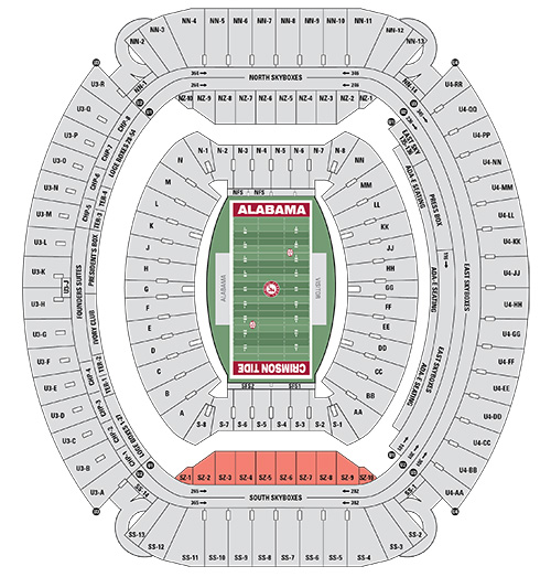 Seat map of Bryant-Denny Stadium with South Zone sections highlighted in pink with the prefix SZ