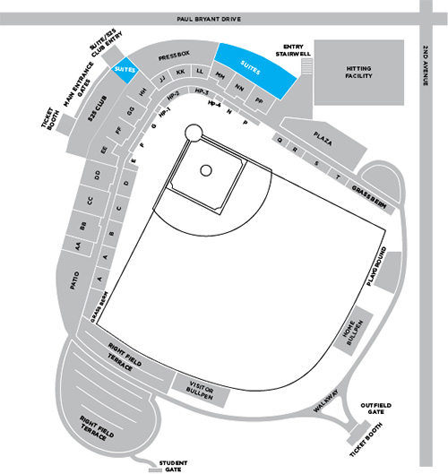 Seat map of Sewell-Thomas Stadium with the suites highlighted in blue