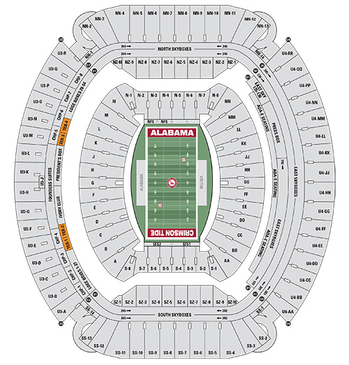 Seat map of Bryant-Denny Stadium with Terrace Club sections highlighted in orange with the prefix TER
